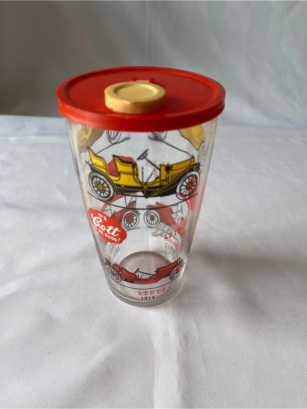 Vintage MCM Hazel Atlas Glass Antique Car Cocktail Shaker with Red Lid